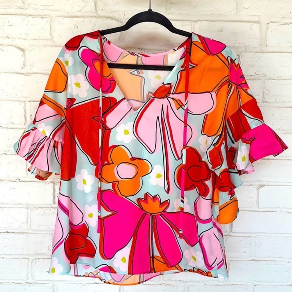 NWOT CROSBY by Mollie Burch Pink and Orange Floral Blouse, Size Large